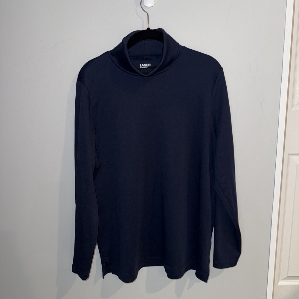 LL Bean Turtleneck Top Women 1X Navy Blue Pullover 100% Cotton‎ Preppy 16/18